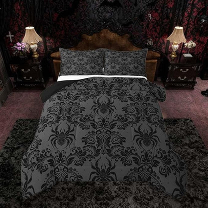 Feelyou Adults Gothic Comforter Set King Size Dark Olive Green Damask Bedding Set for Kids Boys Girls Spider Duvet Quilt Bedroom Decor Microfiber 3 Pcs with 2 Pillow Cases