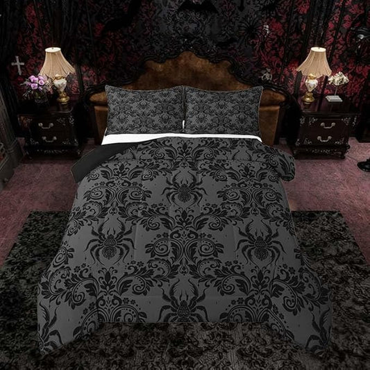 Feelyou Adults Gothic Comforter Set Full Size Dark Olive Green Damask Bedding Set for Kids Boys Girls Spider Duvet Quilt Bedroom Decor Microfiber 3 Pcs with 2 Pillow Cases
