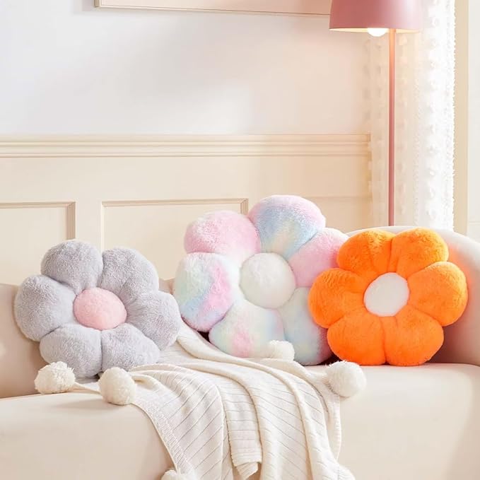 Flower Pillow Cute Decorative Throw Pillow with Faux Rabbit Fur Soft Daisy Plush Floor Cushion Aesthetic Flower Shaped Pillow Home Decor for Bed Sofa Couch (Sage Green, 19.6 Inch)