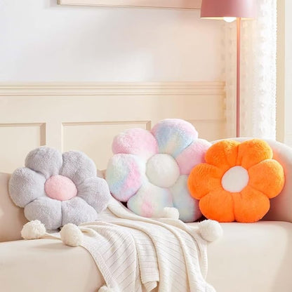 Flower Pillow Cute Decorative Throw Pillow with Faux Rabbit Fur Soft Daisy Plush Floor Cushion Aesthetic Flower Shaped Pillow Home Decor for Bed Sofa Couch (Orange 19.6 Inch)