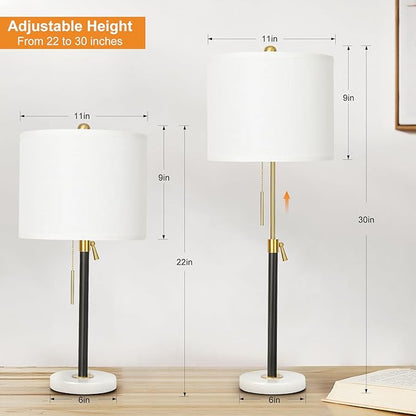 Table Lamps for Bedrooms Set of 2, 22" to 30" Height Adjustable Nightstand Lamps with Linen Shade, Pull Chain Switch Lamps for Living Room, 3 Way Dimmable Beside Lamp