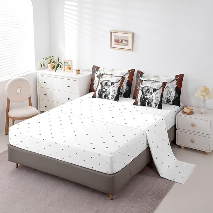 Erosebridal 7 Pcs Highland Cow Comforter Set Queen Size,Vintage Marble Bed in a Bag with Flat Fitted Sheet for Kids and Adults,Rustic Western Cow Bedding Set with Pillowcases and Cushion Cases