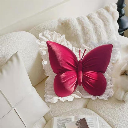Butterfly Throw Pillow, Butterfly Shaped Decorative Pillow for Sofa Couch Bed, Plush Velvet Lumbar Support Cushion for Office Chair & Car Seat (Red)