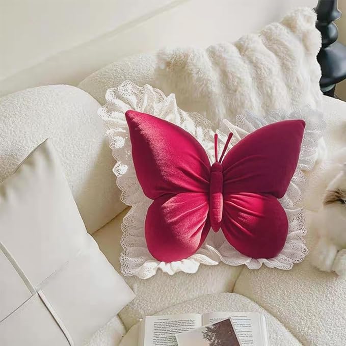 Butterfly Throw Pillow,21.6 inch Velvet Butterfly Decorative Pillow with Lace Trim,Animal Pillow for Couch Living Room Bed,Home Garden Decor (Red)
