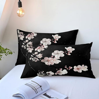 Japanese Comforter Set Queen Size,Cherry Blossom Bedding Set for Women Men,3 Pcs Warm Microfiber Quilt Set with 2 Pillowcases/90 * 90