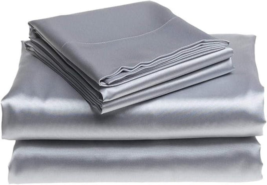 100% Pure Silk Satin Sheet 4pcs, Silk Fitted Sheet 15" Deep Pocket Mattress fit,Silk Flat Sheet&Silk Pillowcases Cool Soft Silk Sheets|Wrinkle Free Fade Resistant Full XL Silver Grey