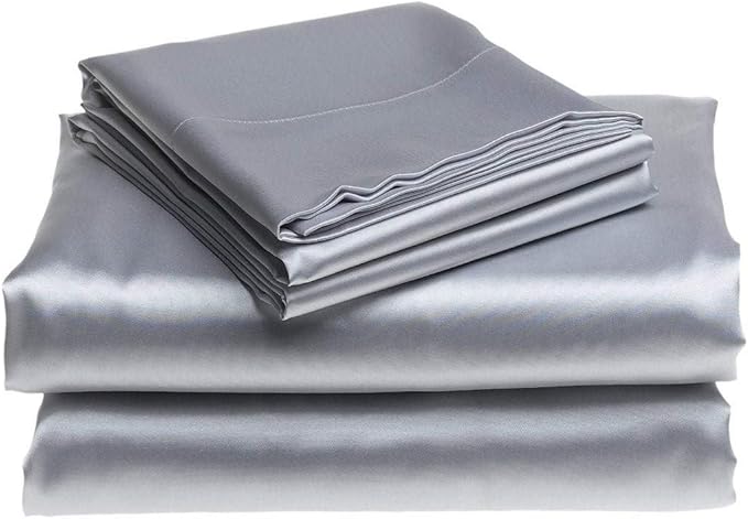 100% Pure Silk Satin Sheet Set, 4pcs - Deep Pocket Mattress Fitted Sheet, Flat Sheet & Pillowcases - Cool, Soft, Wrinkle Free, Fade Resistant - Short Queen, Silver Grey