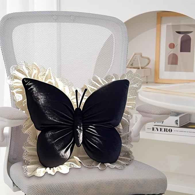 Butterfly Throw Pillow,21.6 inch Velvet Butterfly Decorative Pillow with Lace Trim,Animal Pillow for Couch Living Room Bed,Home Garden Decor (Black)