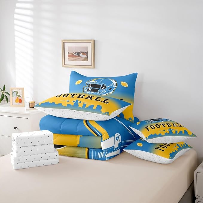 Erosebridal American Soccer 7 Pcs Bedding Set King Boys Football City Comforter Set with Sheets Sports Rugby Competitive Ball Games Bed in A Bag Blue Yellow Bed Set for Kids Teen Adults
