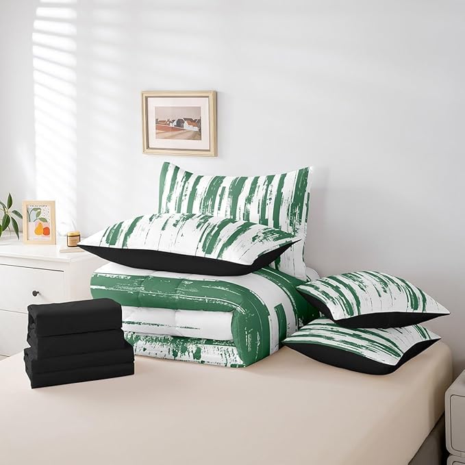 Erosebridal 7Pcs Sage Green Striped Comforter Set Full,Turquoise Geometric Abstract Bed in A Bag,Art Ink Painting Bedding with Bed Sheets,Contemporary Watercolor Graffiti Boho Quilt with Pillowcases