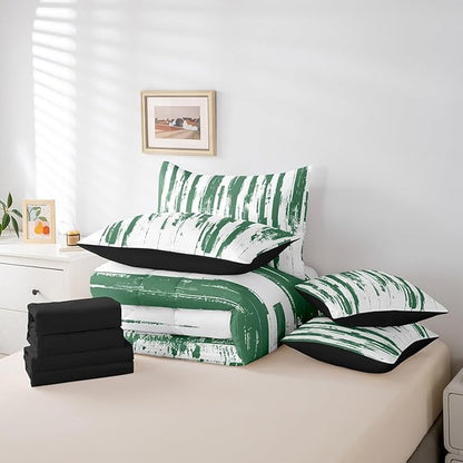 Erosebridal 7Pcs Sage Green Striped Comforter Set Twin,Turquoise Geometric Abstract Bed in A Bag,Art Ink Painting Bedding with Bed Sheets,Contemporary Watercolor Graffiti Boho Quilt with Pillowcases