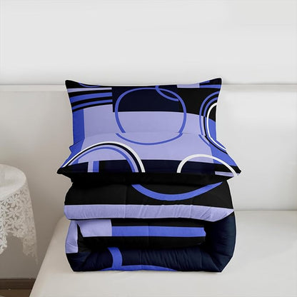 Retro Swirls Bedding Sets Full Geometric Circles Square Comforter For Kids Girls Teens Blue Black Grey Duvet Set Vintage Graphic Patchwork Quilted Comforter Soft Microfiber Bedding Comforter Sets