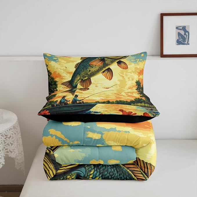 Erosebridal Bass Fishing King Comforter Set,Fisherman and Fish Bedding Sets for Kids Boys Men,Big Pike Fish Quilt Bed Set,Lake House Rustic Country Bedroom Decor,2 Pillowcases Breathable