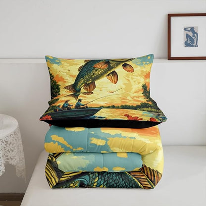 Erosebridal Bass Fishing King Comforter Set,Fisherman and Fish Bedding Sets for Kids Boys Men,Big Pike Fish Quilt Bed Set,Lake House Rustic Country Bedroom Decor,2 Pillowcases Breathable