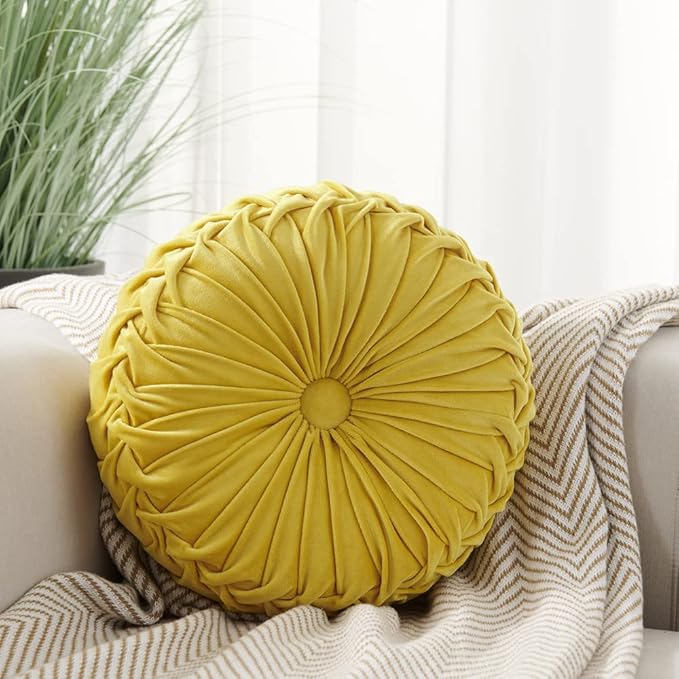 NatureMan 13.7 inch Round Sofa Cushion Pure Color Velvet Home Decor, Pleated Round Cushion, Pumpkin Pillow Suitable for Home Bed car Decoration (Yellow)