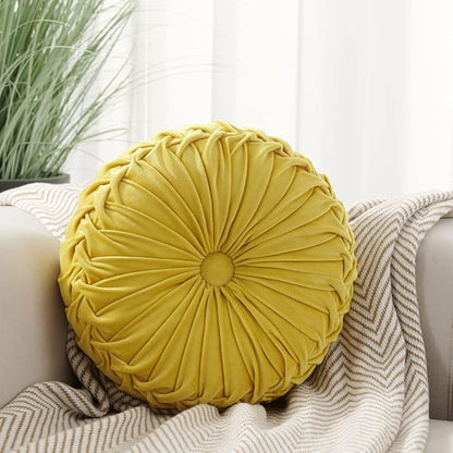 NatureMan 13.7 inch Round Sofa Cushion Pure Color Velvet Home Decor, Pleated Round Cushion, Pumpkin Pillow Suitable for Home Bed car Decoration (Yellow)