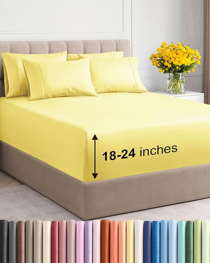 Extra Deep Queen Sheet Set - 6 Piece Breathable and Cooling Sheets - Hotel Luxury Bedding for Women, Men, Kids & Teens - Easy & Secure Fit - Soft, Wrinkle Free and Comfy - Extra Deep Pockets - Yellow