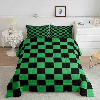 Feelyou Checkered Bedding Set Teen Women Men Green Black Plaid Comforter Set Twin Size Kids Boys Girls Cute Retro Neutral Checkerboard Geometric Duvet Insert Vintage Aesthetic Room Decor