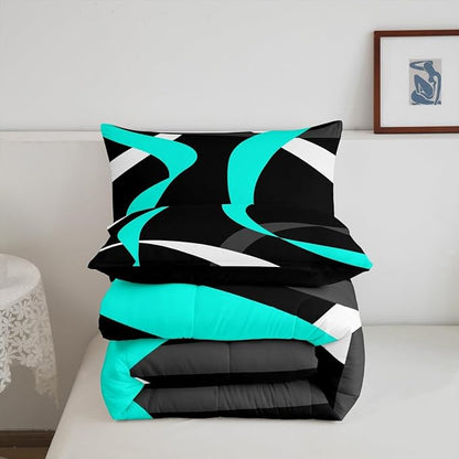 Erosebridal Grey Black Turquoise Bedding Comforter Sets Teal Gray White Striped Abstract Bedding Set Queen for Kids Boys Girls Geometric Stripes Down Comforter Modern Fashion Quilt Duvet