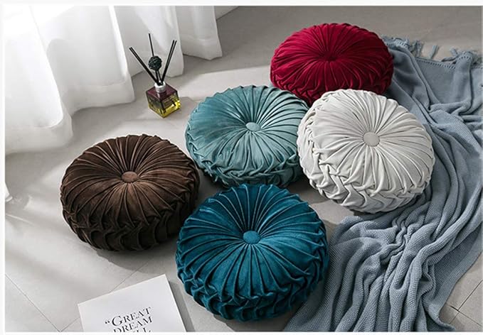 MOCOFO Round Velvet Throw Pillow, Pumpkin Shape Decorative Floor Cushion, Handcrafted Pleated Design, 14 and 16 Inch Diameter, Multiple Colors, Polyester Fill (Wine red, 14")