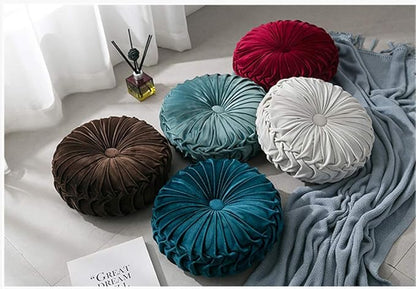 MOCOFO Round Velvet Throw Pillow, Pumpkin Shape Decorative Floor Cushion, Handcrafted Pleated Design, 14 and 16 Inch Diameter, Multiple Colors, Polyester Fill (Dark Blue, 14")