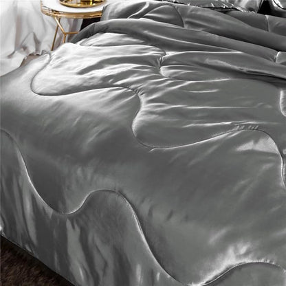 NTBED Silky Satin Comforter Set Queen Silver, Luxury Soft Microfiber Bedding Lightweight Sexy Wave Quilted Blanket Set with 2 Pillow Covers for Summer Spring Autumn