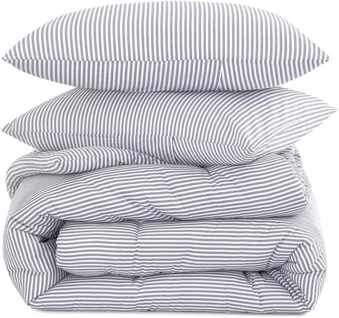 Wake In Cloud - Striped Comforter Set, 100% Cotton Fabric, Ticking Stripe Vertical Pinstripe Neutral Farmhouse Aesthetic, 3 Pieces Bedding Set, Gray, Queen Size