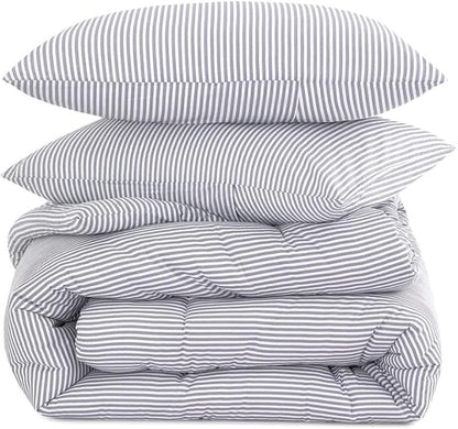 Wake In Cloud - Striped Comforter Set, 100% Cotton Fabric, Ticking Stripe Vertical Pinstripe Neutral Farmhouse Aesthetic, 3 Pieces Bedding Set, Gray, Twin/Twin XL Size