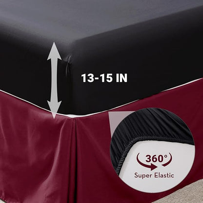 JOLLYVOGUE King Size Comforter Set 7 Pieces, Burgundy Bed in a Bag Comforter Set for Bedroom, Beddding Sets with Comforter, Sheets,Ruffled Shams & Pillowcases