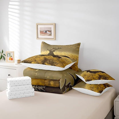 Erosebridal Deer 7 Piece Bed in a Bag Full Size,Deer Antler Comforter Set,Rural Hunting Theme Down Comforter,Rustic Countryside Style Fitted Sheet,Wild Animals Bedding Sets for Bedroom Decor