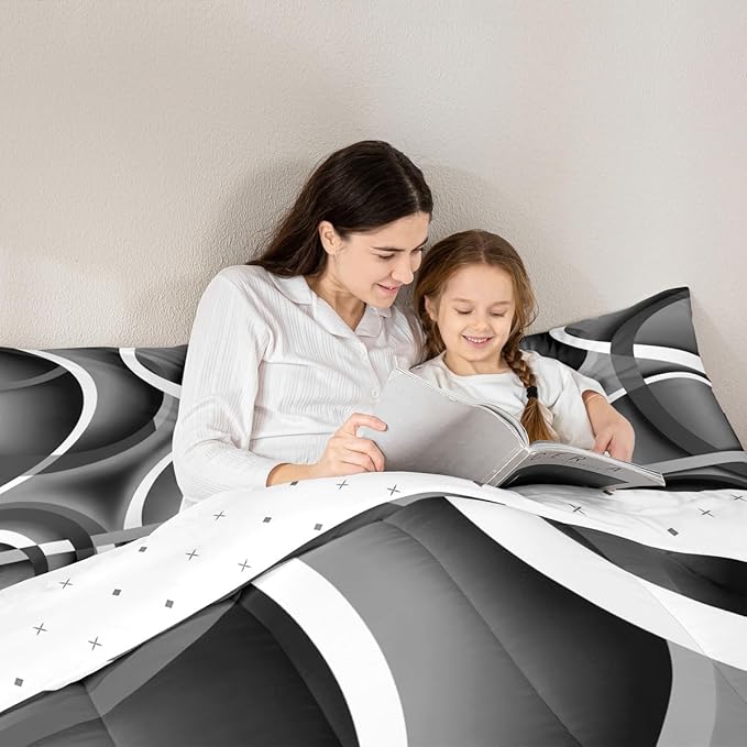 Castle Fairy Black Gray Abstract Stripes Full Size Comforter Set Geometric Circle Bedding Set for Kids Adults Teens Modern Retro Comforter Luxury Geometric Quilt Set Room Decor 3Pcs