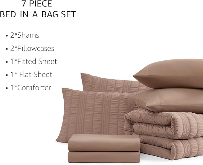 CASAAGUSTO Twin XL Comforter Set, 5 Pieces Brown Seersucker Bed in a Bag Twin Soft All Seasons, Bedding Sets with Comforter, Flat Sheet, Fitted Sheet, 1 Pillow Sham, 1 Pillowcase