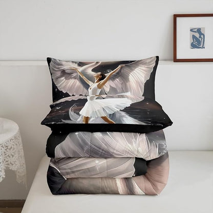 Ballet Girl Dancer Twin Bedding Set for Adults,Elegant White Swan Dancing Comforter Set Bed Set KidsBedroom Decor,Dreamy Moon Night 2 Pieces Quilt Set,Ballet Lover Duvet Insert,1 Pillow Case