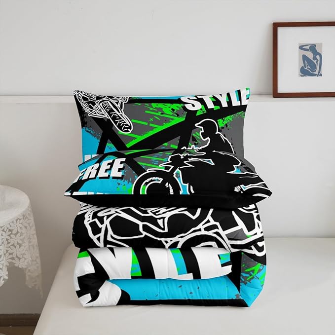 jejeloiu Boys Dirt Bike Racer Bedding Set Toddle Size Motocross Hip Hop Comforter Set for Kids Adult Motorcycle Sport Duvet Set Blue Green Quilt Set 2Pcs