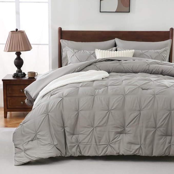 Sheet&Joy Full Size Comforter Set,7-Piece Bed in a Bag Double, Pintuck Bedding Set for All Season, Includes Comforter, Flat Sheet, Fitted Sheet, Pillowcases and Pillowshams, Grey