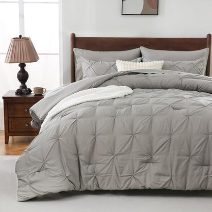 Sheet&Joy Full Size Comforter Set,7-Piece Bed in a Bag Double, Pintuck Bedding Set for All Season, Includes Comforter, Flat Sheet, Fitted Sheet, Pillowcases and Pillowshams, Grey