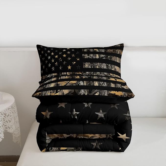 Feelyou American Flag Camo Comforter Set All Season Hunting Bedding Set with 2 Pillow Cases Military Camouflage Kids Queen Bedclothes Rustic Trees Leaves Bedroom Decor Duvet Quilt Soft Lightweight