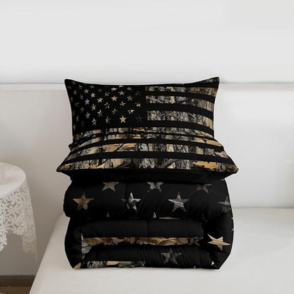 Feelyou American Flag Camo Comforter Set All Season Hunting Bedding Set with 2 Pillow Cases Military Camouflage Kids Queen Bedclothes Rustic Trees Leaves Bedroom Decor Duvet Quilt Soft Lightweight