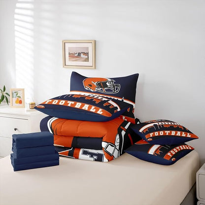 Erosebridal Football 7 Pcs Comforter Set King Football City Bedding for Men Blue Orange Football Fans Sheet Set Bed in A Bag Rugby Game Room Decor Sports Ball Competition Quilt