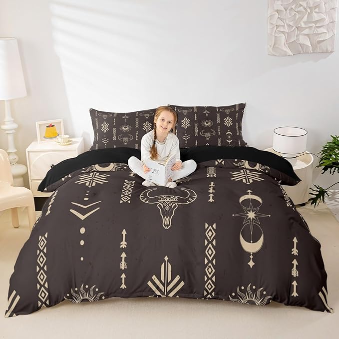 Feelyou Kids Western Decor Comforter Set Southwestern Bedding Set Queen Size Bedroom Decor Longhorn Skull Sun Moon Wild Western Cowboy Geometric Comforter Brown Duvet Set with 2 Pillow Case