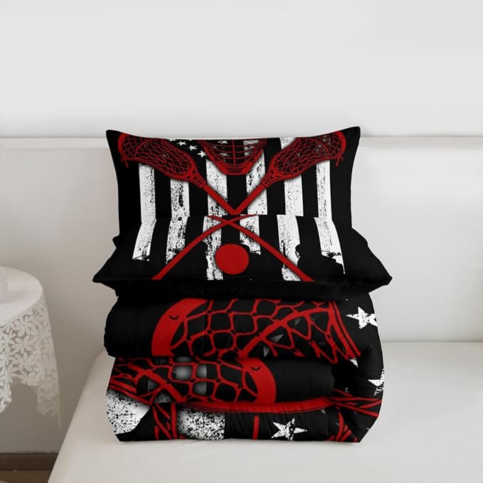 Erosebridal Lacrosse Comforter Set for Teens Youth, Black White American Flag Bedding Set Queen Size,Boys Sports Duvet Insert and 2 Pillowcases