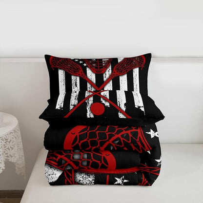 Erosebridal Lacrosse Comforter Set for Teens Youth, Black White American Flag Bedding Set Queen Size,Boys Sports Duvet Insert and 2 Pillowcases