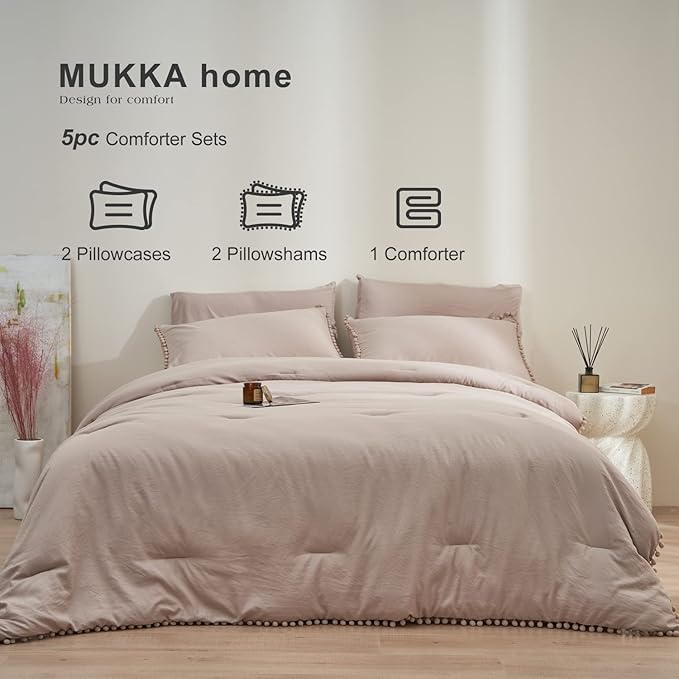 MUKKA King Comforter Set 5-Piece Comforter Set King Size Khaki, Boho Pom Pom Fringe Comforter Set King Size Tan, Bedding Comforter Set Taupe with 2 Pillowcases,2 Pillowshams