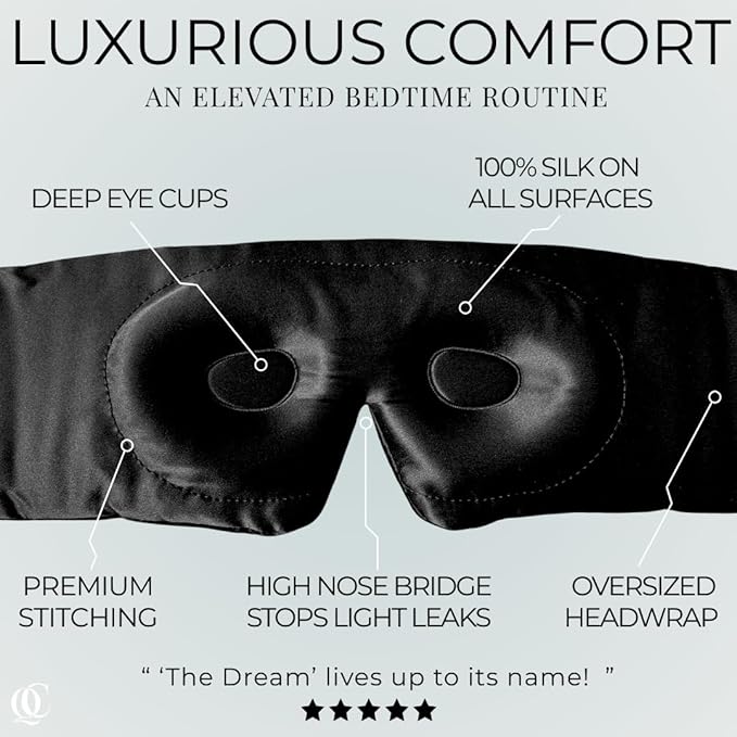 3D Silk Sleep Mask, Sleep Longer in Total Darkness and Comfort. Total Blackout Liner Blocks Light, Lightweight, 100% Silk 22 Momme, Foam Countour Does Not Crush Eyelashes (Obsidian Black)