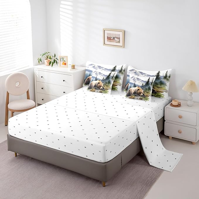 7Pcs Rustic Bear Print Comforter Set With Sheets, Twin Size Funny Brown Bear Bedding Bed In A Bag, Farmhouse Cabin Bed Set For Boys Kids Teens Watercolor Country Style Wild Animal Comforter