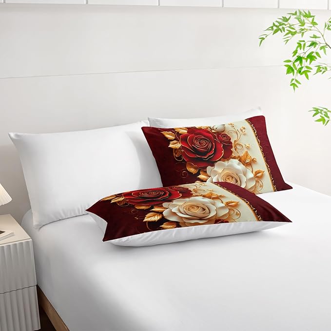 Red Rose Comforter Set Queen 7 Piece，Red Rose Bedding Sets Queen，(1 Comforter, 1 Flat Sheet, 1 Fitted Sheet, 2 Pillowcase and 2 Pillow Sham)