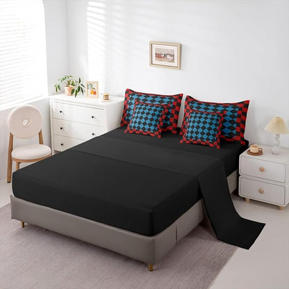 Feelyou Checkered Retro King Comforter Set with Sheets for Kids Boys Girls Red Blue Black Plaid 7 Pieces Bedding Set Geometric Vintage Bed in a Bag Modern Simple Groovy Aesthetic Room Decor Soft