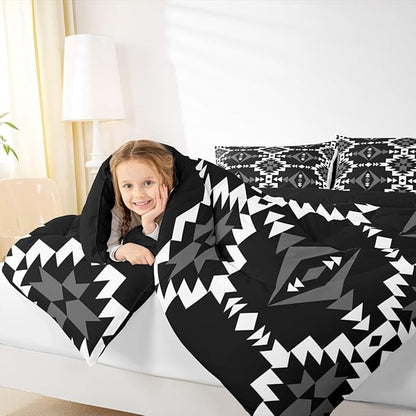 Western Aztec Comforter Set Toddler Size, Native American Navajo Bedding Set for Boys Adult Teens, Southwestern Geometric Quilt Ethnic American Native Duvet Insert Rustic Farmhouse Decor, Black White
