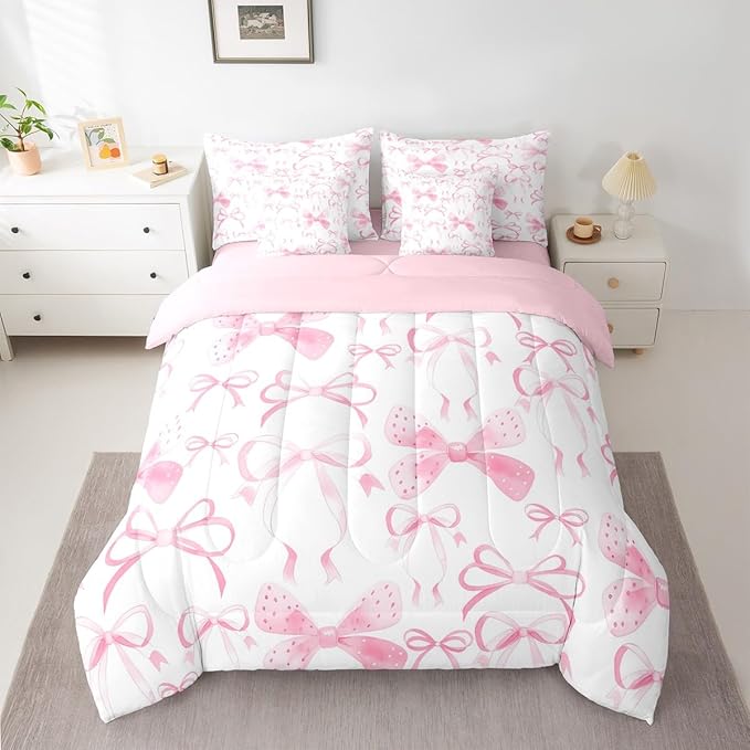Feelyou Pink Bow Comforter Set with Sheets 7 Piece Twin Size Cute Bowknot Bed in a Bag Kids Boys Girls Pricess Style Bedding Set Kawaii Bedroom Decor Breathable Soft Lightweight Microfiber