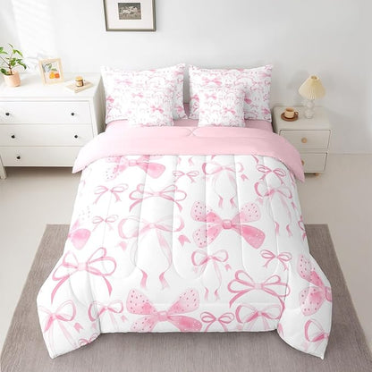 Feelyou Pink Bow Comforter Set with Sheets 7 Piece King Size Cute Bowknot Bed in a Bag Kids Boys Girls Pricess Style Bedding Set Kawaii Bedroom Decor Breathable Soft Lightweight Microfiber